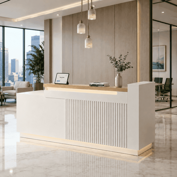 86.6" White L-Shaped Reception Desk with Right Counter, Large Front Desk with Built-in Power Outlets, Locking Drawers & LED Lights for Office, Salon & Retail