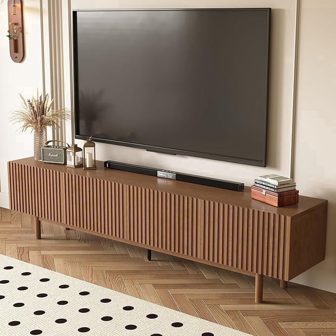 86.61" Mid-Century Modern TV Stand, Walnut Entertainment Center with 4 Doors & legs, Large Wooden Media Console Cabinet for Living Room & Bedroom, Sturdy & Easy Assembly, Walnut