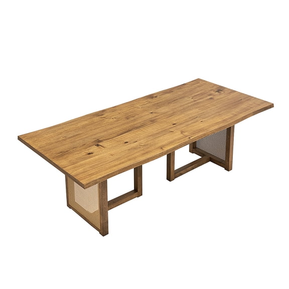 86.61" Modern Oversized Wave Dining Table with Rattan Weave, Oak Finish Rectangular Table for 6, Mid-Century Kitchen Dining Room Table