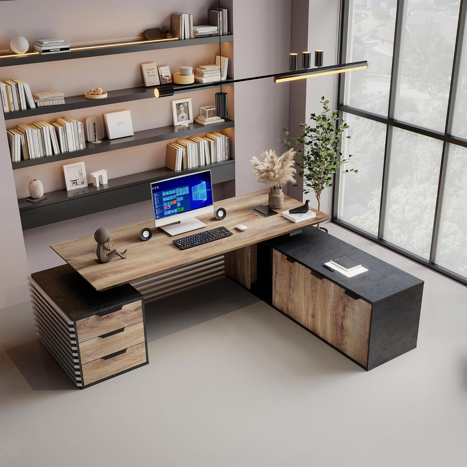86.61inch L Shaped Adjustable Height Executive Desk with Cabinet