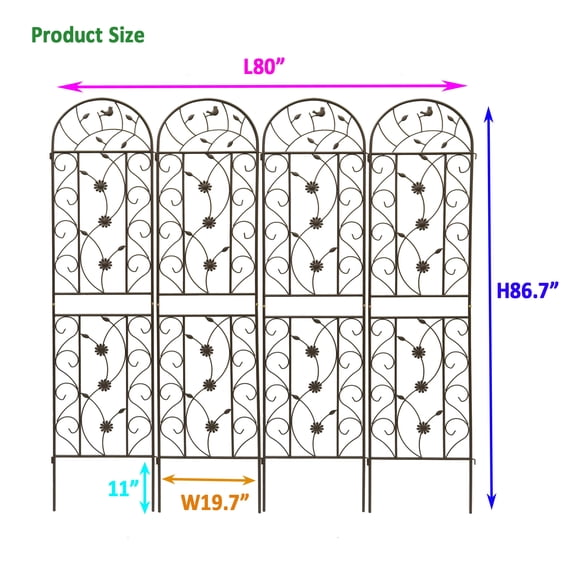 86.7 Metal Garden Trellis for Climbing Plants, 4 Pack Rustproof Iron Trellis with Brown Powder Coating for Outdoor Flower Support
