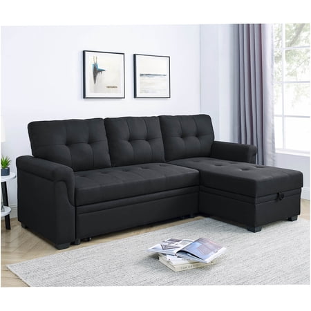 86" Black Polyester Convertible Sofa Bed, Pull-Out Sleeper with Tufted Back and Reversible Design