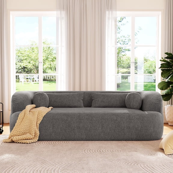 86" Chenille Boneless Couch, Curved Cloud Sofa with High-Density Foam & Pocket Springs, Compressed Sofa with 4 Pillows, No Assembly 3-Seater Luxury Modern Sofa for Living Room, Apartment, Gray