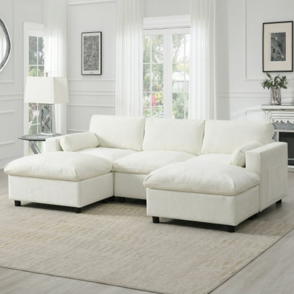 86" Chenille Loveseat Sofa Bed, Multifunctional Convertible Sofa Bed with Storage Pockets, Convertible Chaise Lounge Indoor with Free Combination for Living Spaces, White