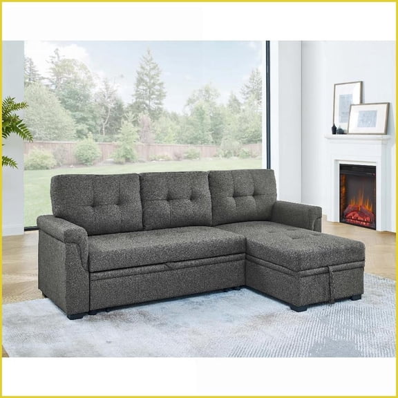 86'' Contemporary Pull-Out Sofa Bed – Reversible L/R, Polyester Fabric for Living Room | Gray | Polyester | Tufted Back
