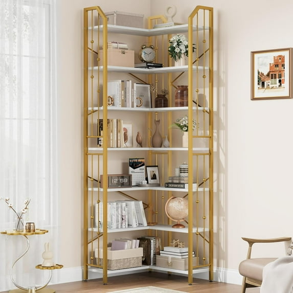 86" Corner Bookshelf, l-Shaped 5 Tier Bookcase, Tall Corner Bookcase with Beaded Design, Large Display Shelf for Living Room Bedroom Gold