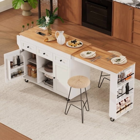 86" Extendable Tabletop Coffee Cart, Kitchen Storage Cart With Power Outlet Drawers, Kitchen Work Island Lockable Wheels for Kitchen Dining Areas, White