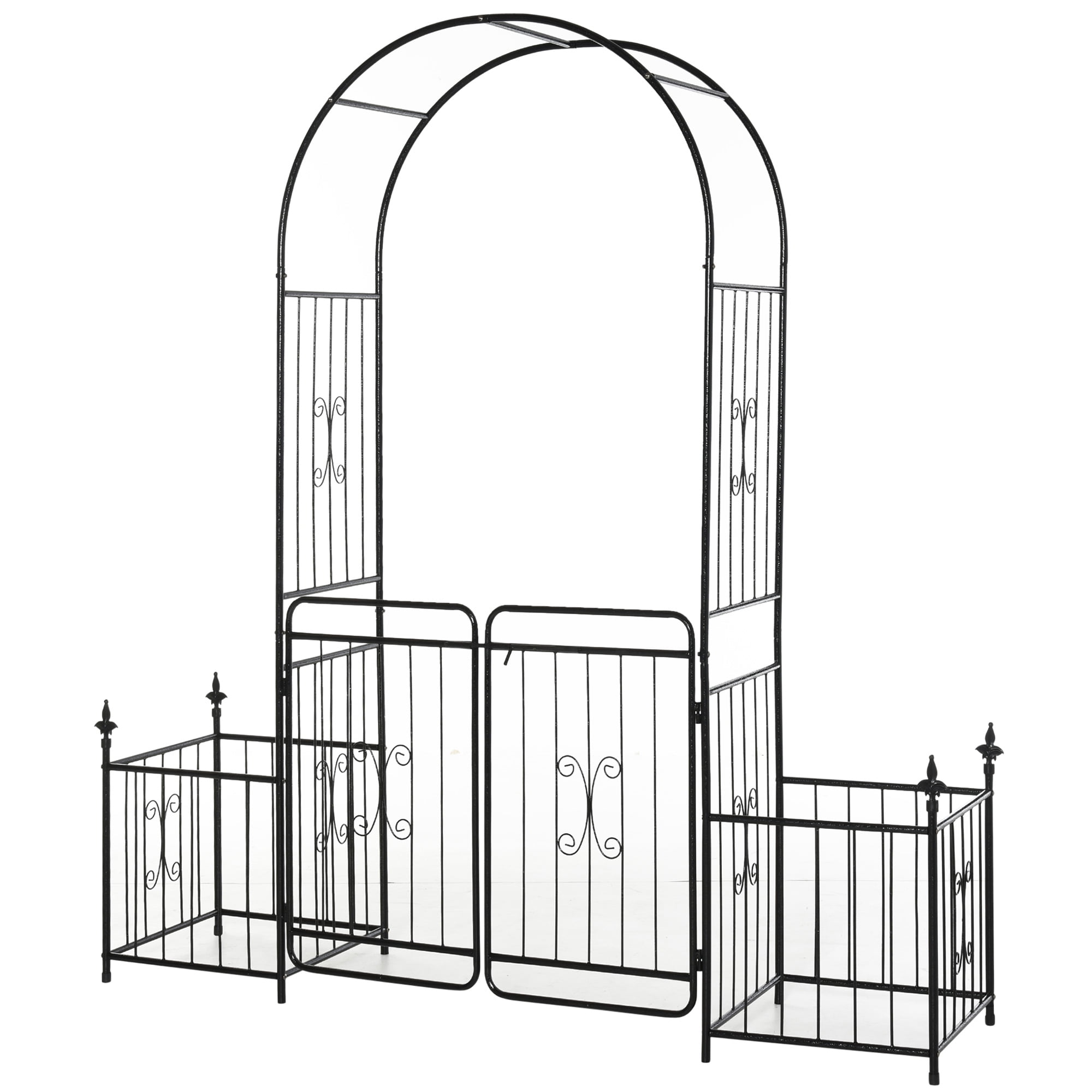 86" Garden Arbor Arch Gate with Trellis Sides for Climbing Plants, Wedding Ceremony Decorations, Grape Vines with Locking Doors, Planter Baskets, Flourishes & Arrow Tips, Black