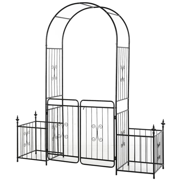 86" Garden Arbor Arch Gate with Trellis Sides for Climbing Plants, Wedding Ceremony Decorations, Grape Vines with Locking Doors, Planter Baskets, Flourishes & Arrow Tips, Black