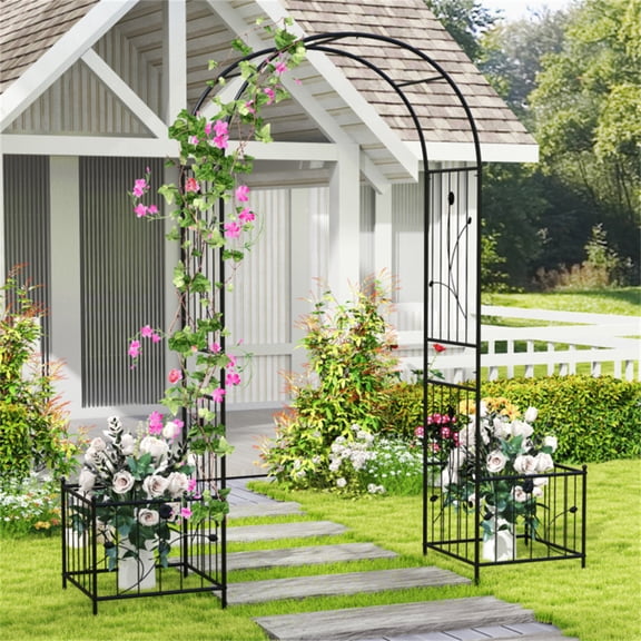 86" Garden Arch Arbor with Flower and Leaf Pattern, Climbing Vine Frame with 2 Side Planters and 8 Ground Stakes, Heavy Duty Metal Arbour Archway for Wedding, Brithday Party Decoration, Black