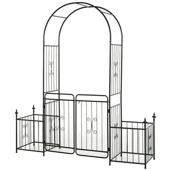 86" Garden Arch Arbor, Metal Arch Trellis with Gate and Planter Baskets, Garden Archway for Climbing Vines, Wedding Ceremony Decoration, Flourishes & Arrow Tips, Black