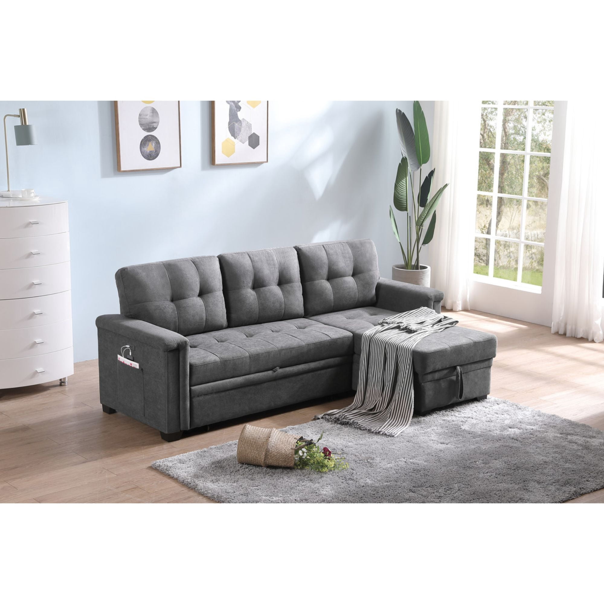 86" Gray Fabric Sleeper Sectional Sofa Chaise with USB Charger and ...