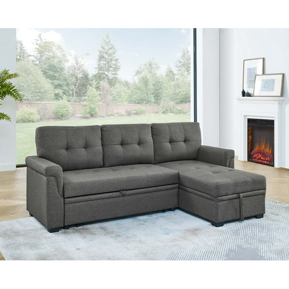 86" Gray Linen-Like Polyester Upholstered Pull-Out Sofa Bed with Jumbo Stitch Detailing & Tufted Accent - Reversible L/R Configuration - 3 Seat Sofa for Living Room & Apartment