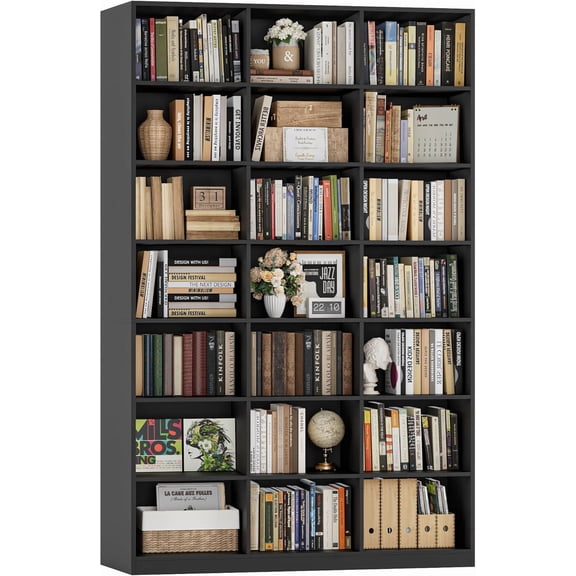 86" H Triple Wide Bookshelf and Bookcase, 7 Tier Tall Bookshelf with Storage, Large Bookcase with 21 Open Display Storage Shelves, Wood Book Shelf Media CD DVD Storage for Living Room, Black