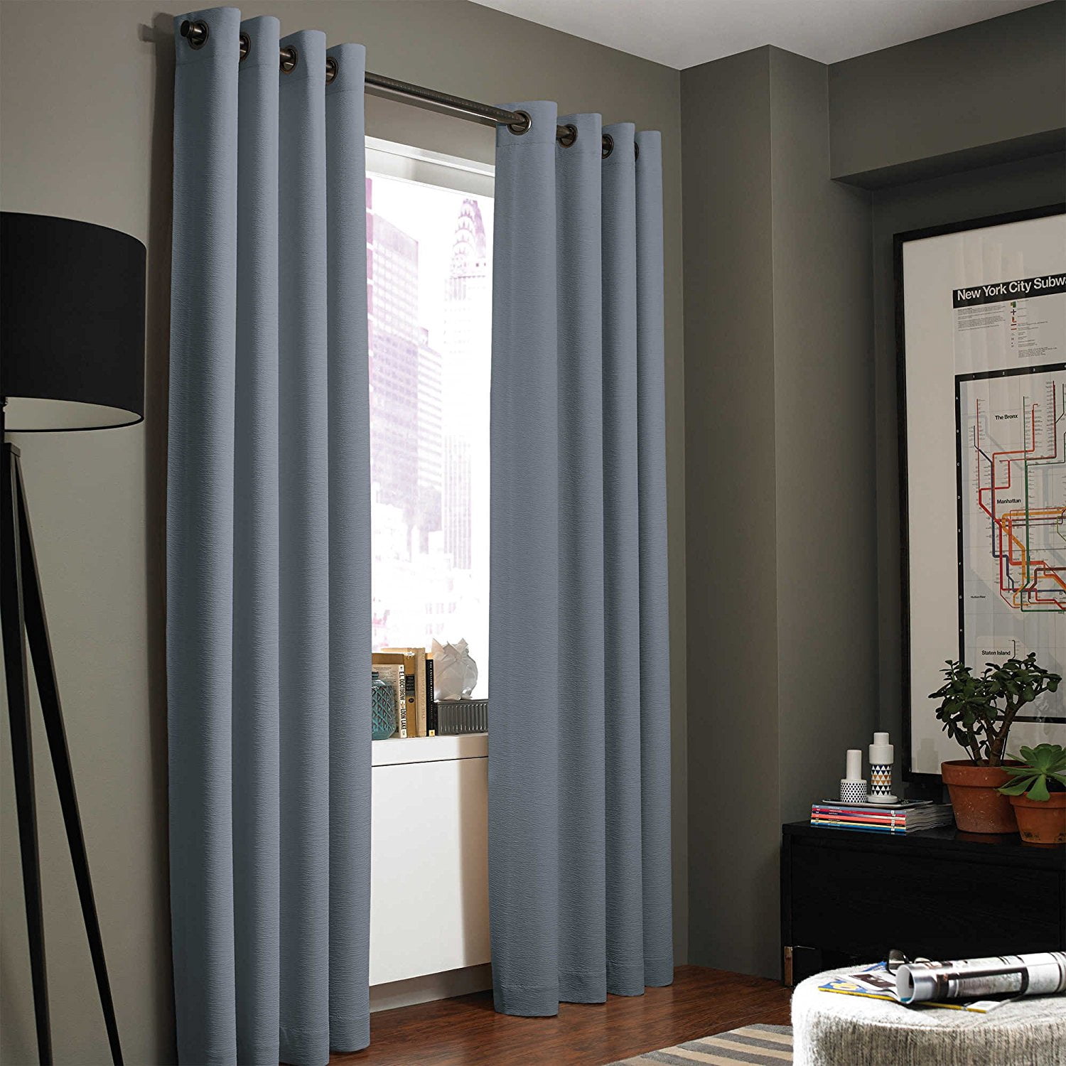 (#86) Hotel Quality Grommet Top, Jacquard 1 Panel Silver Gray Solid Thermal Foam Lined Blackout Heavy Thick Window Curtain Drapes Bronze Grommets 95" Length