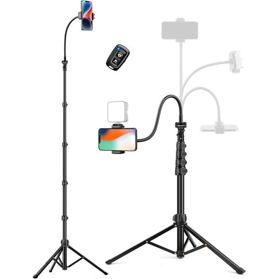 86 inch Cell Phone Tripod Stand with Flexible Gooseneck & Wireless Remote, Aluminum Portable Selfie Stick Tripod with Cold Shoe Mount