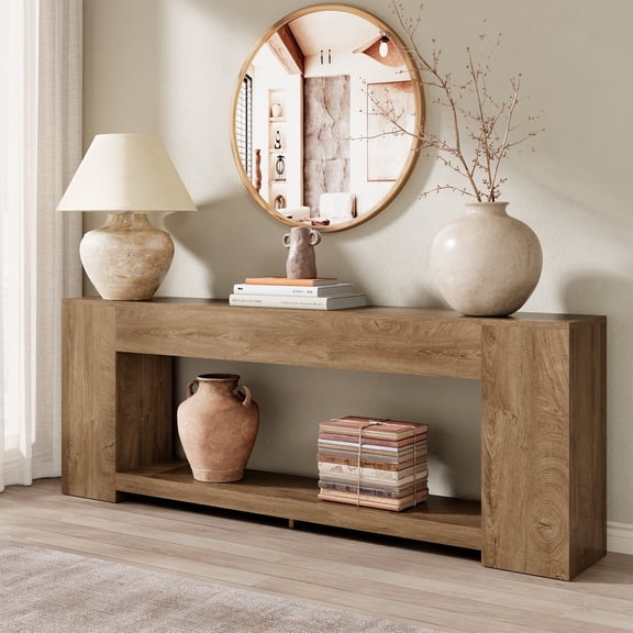 86-Inch Extra Long Console Table for Entryway, Farmhouse Sofa Table Behind Couch Wooden, 2-Tier Entry Console Tables with Storage for Entrance, Living Room, Natural Oak Brown
