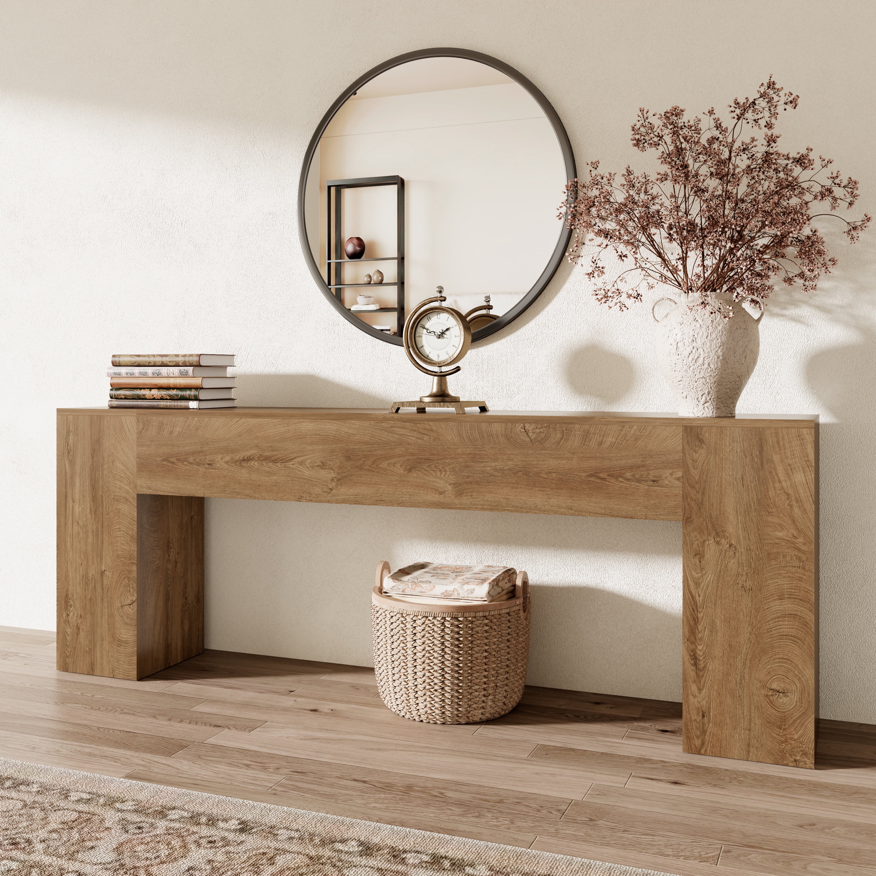 86-Inch Extra Long Console Table for Entryway, Wooden Behind Couch Table Narrow, Farmhouse Entrance Table for Hallway Living Room Apartment, Natural Oak Brown