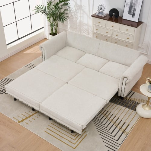 86 Inch King Pull Out Sofa Bed with Rolled Arms and Nailhead Trim, 3-in-1 Convertible Sleeper Chenille Couch for Living Room, Apartment, Office, Beige