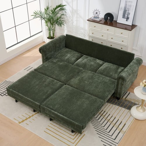 86 Inch King Pull Out Sofa Bed with Rolled Arms and Nailhead Trim, 3-in-1 Convertible Sleeper Chenille Couch for Living Room, Apartment, Office, Green