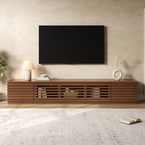 86-Inch Modern TV Stand for TVs up to 90 Inches, Entertainment Center with Slatted Flip-Down Doors and Cable Management, Low-Profile Media Console with Soft-Close Hinges for Living Room, Walnut