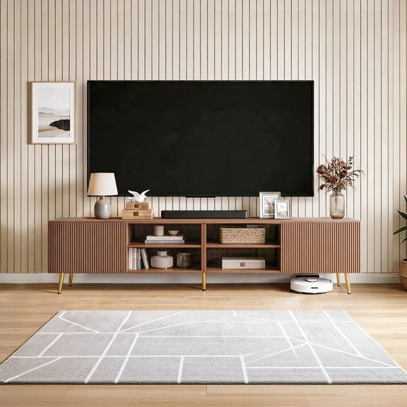 86 Inch Modern Wood Fluted TV Stand Media With Storage Large,Console with Gold Metal Legs, Entertainment Center Cabinet for TVs Up to 80"(Walnut)