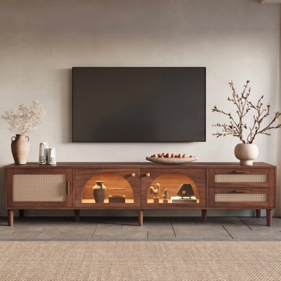 86 Inch TV Stand for TVs up to 90 Inch, Entertainment Center with App Controlled LED Lights, Rattan Doors, 2 Drawers and Glass Door Storage, Modern Media Console for Living Room, Dark Brown