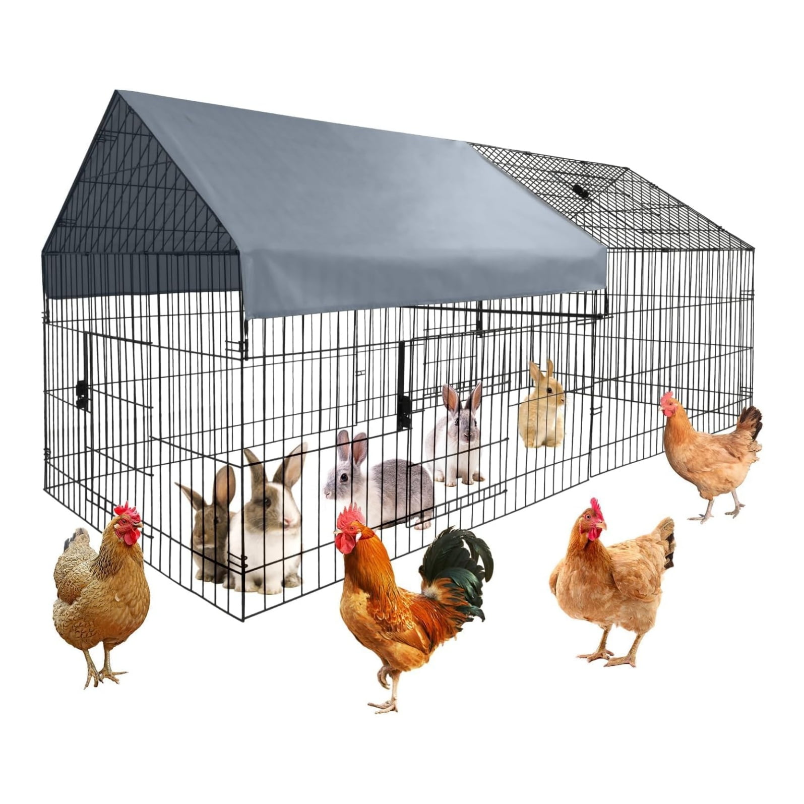 86" L x 40" W x 40" H Large Metal Chicken Coop & Outdoor Pet Playpen with Waterproof Cover - Small Animal Cage for Rabbits, Ducks, Chinchillas - Grey Backyard Farm Enclosure