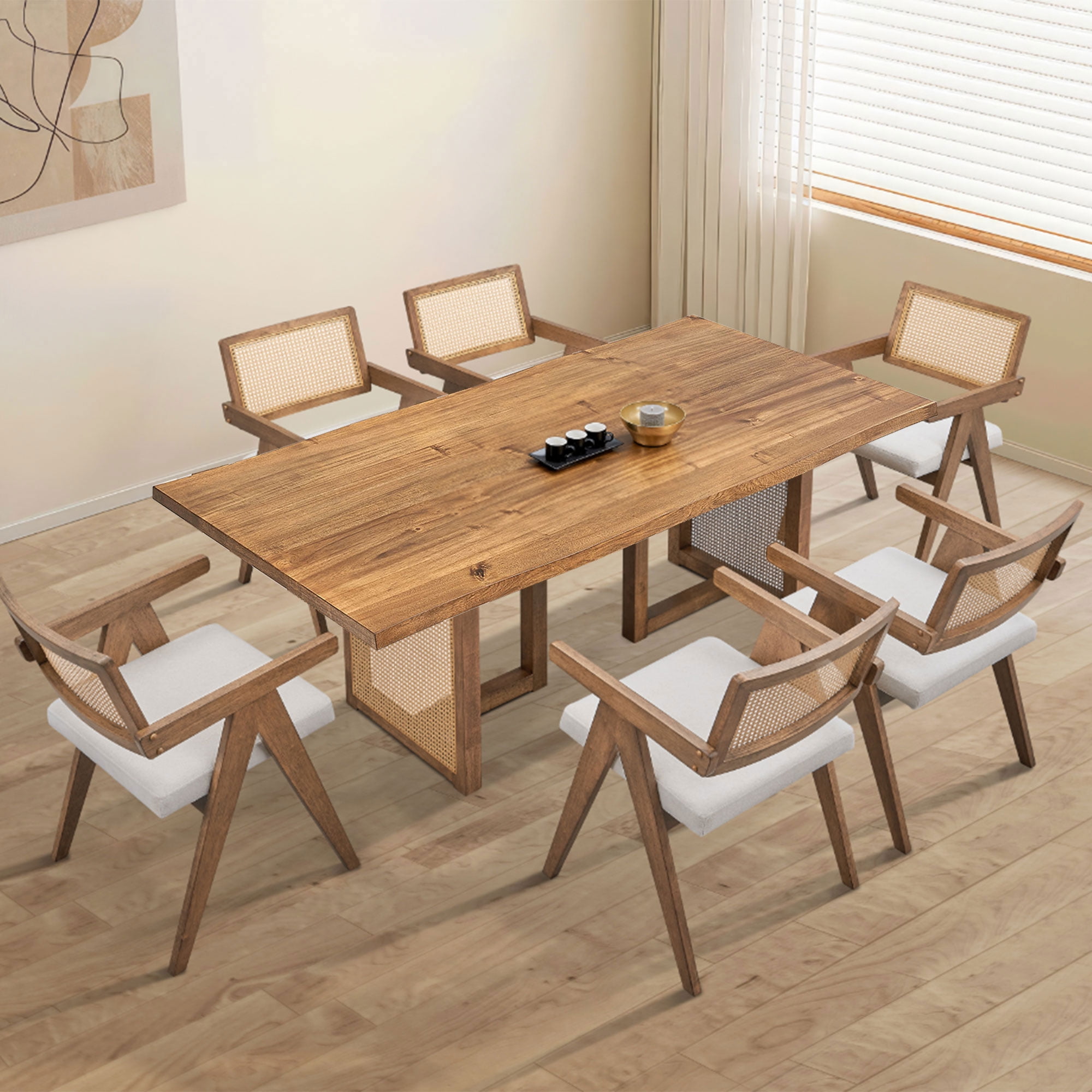 86" Mid-Century Modern Dining Table Set, 7-Piece Wooden Kitchen Table ...