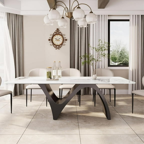 86" Modern Dining Table for 8-10, Sintered Stone Dining Tabletop with Unique N-Shaped Metal Base, Rectangle Dining Table Large Dining Room Table Kitchen (Table Only)