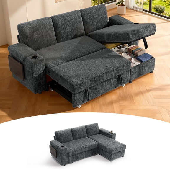 86" Modular Sectional Sleeper Sofa, 3 Seat L Shaped Chenille Couch with Pull Out Bed, Storage Chaise, USB Ports, Cup Holders, Side Table, Tool Free Assembly