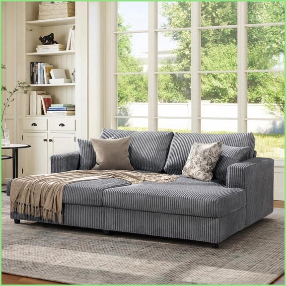 86'' Oversized Contemporary Double Chaise Lounge Sofa Bed - Carbon Gray | Corduroy | Cushion Back