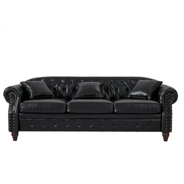 86" PU Leather Chesterfield Sofa with Storage Seats, Modern Tufted 3 Seater Couch with Rolled Arms and Nailhead for Living Room, Bedroom, Black