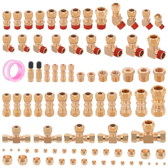 86 Pcs Brass DOT Air Brake Line Fittings, 1/4" 1/8" 5/16" 3/8" 1/2" 5/8" Compression Fittings Air Nylon Tubing Assortment Kits for Trucks Trailers & Industrial