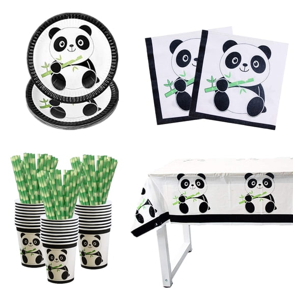 86 Pcs Panda Disposable Tableware Set, Include Plates Cups Napkins Straws and Tablecloth for Panda Party Supplies Birthday Decorations, Serves 20 Guests