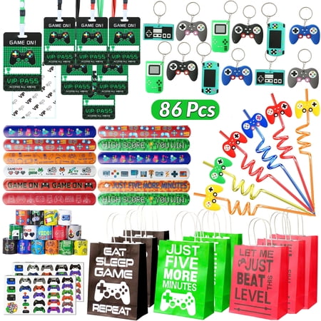 86 Pcs Video Game Party Supply for Kids, Gamer Party Favors - 12 Set of Game on Pass Keychain Wristband Treat Bags Straws for Boys Birthday Goodie Bag Fillers