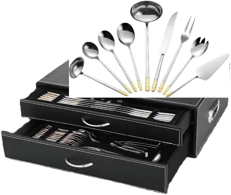 86-Piece Stainless Steel and Gold Flatware Set for 12 - Heavyweight 18/ ...