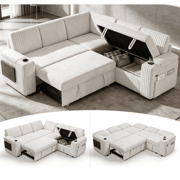 86" Reversible Sectional Sleeper Sofa, Beige Corduroy Pull Out Sofa Bed with Storage Chaise, L Shaped Convertible Couch, Cup Holder & Storage Pocket, Tool-Free Assembly for Small Apartment