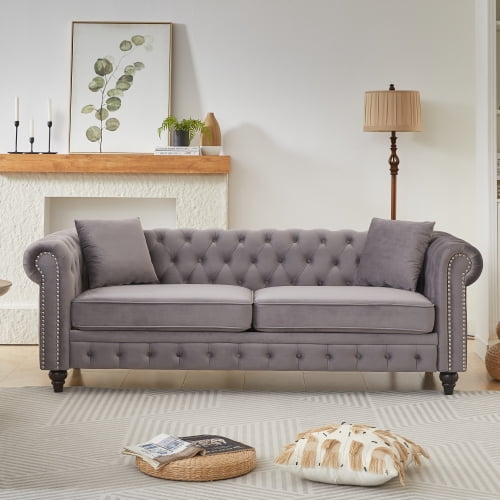 86" Tech Fabric Sofas Couch, Contemporary Sofa with Rolled Arms, Modern Accent Couch with Button Design for Living Room, Grey