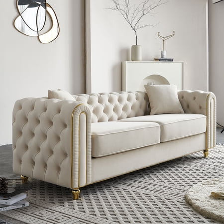86"W Luxury Modern Tufted Sofa with 2 Toss Pillows, Upholstered 3-Seater Couch for Living Room or Bedroom, Comfortable and Stylish Seating for Home or Apartment Use (Beige)
