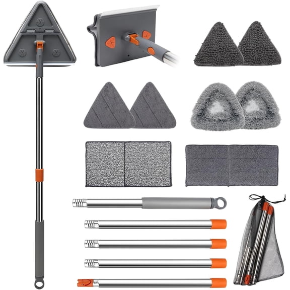 86" Wall Cleaner Mop with Long Handle,Baseboard Cleaner Tool with Handle,180? wall Cleaner Tool with ,360 Rotatable Triangle Mop,10  Pads for Cleaning Baseboard,Ceiling