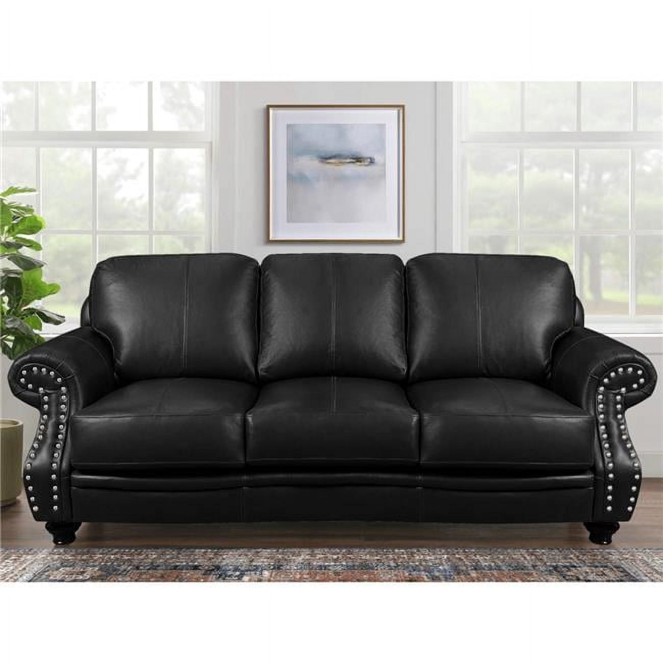 Charleston Traditional Black Leather Sofa with Nailhead Detail