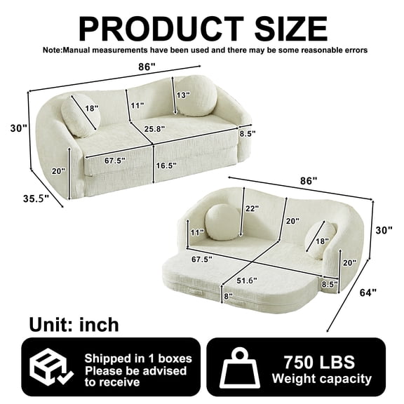 86-inch Curved Convertible Sofa Recliner, 2-in-1 Frameless Folding Sofa Bed with Pull-Out Base and Deep Seat Design, Chenille Two-Seater Reclining Sofa, No Assembly Required beige