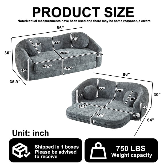 86-inch Curved Convertible Sofa Recliner, 2-in-1 Frameless Folding Sofa Bed with Pull-Out Base and Deep Seat Design, Chenille Two-Seater Reclining Sofa, No Assembly Required grey