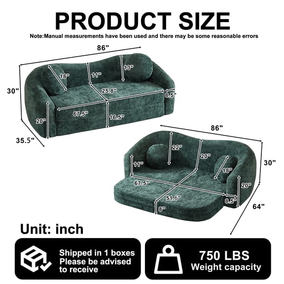 86-inch Curved Convertible Sofa Recliner, 2-in-1 Frameless Folding Sofa Bed with Pull-Out Base and Deep Seat Design, Chenille Two-Seater Reclining Sofa, No Assembly Required green
