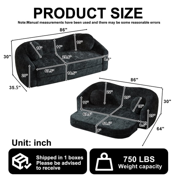 86-inch Curved Convertible Sofa Recliner, 2-in-1 Frameless Folding Sofa Bed with Pull-Out Base and Deep Seat Design, Chenille Two-Seater Reclining Sofa, No Assembly Required black