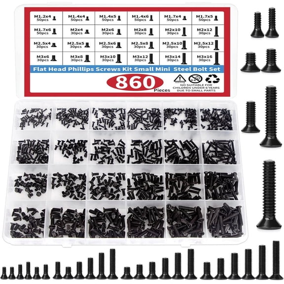 860 PCS Small Computer Screws Assortment Kit, Black Tiny Eyeglass Screws M1.2 M1.4 M1.7 M2 M2.5 M3, PC & Laptop SSD Hard