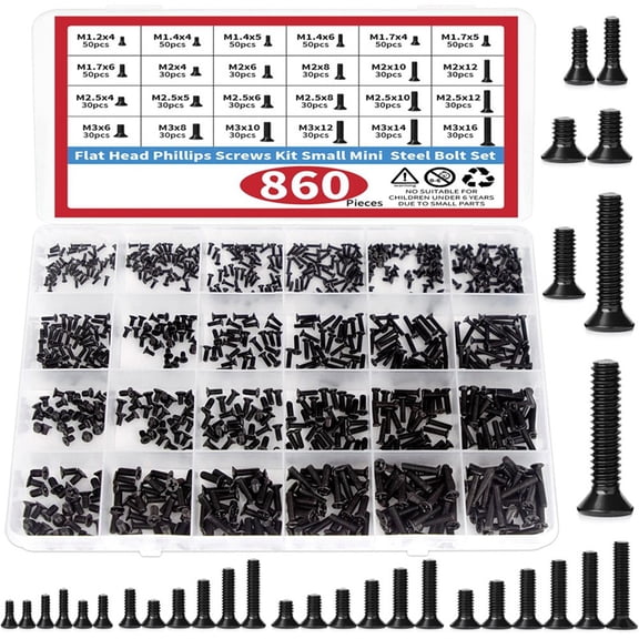 860 PCS Small Computer Screws Assortment Kit, Black Tiny Eyeglass Screws M1.2 M1.4 M1.7 M2 M2.5 M3, PC & Laptop SSD Hard
