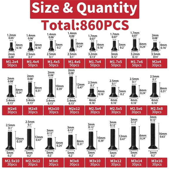 860 PCS Small Computer Screws Assortment Kit, Black Tiny Eyeglass Screws M1.2 M1.4 M1.7 M2 M2.5 M3, PC & Laptop SSD Hard