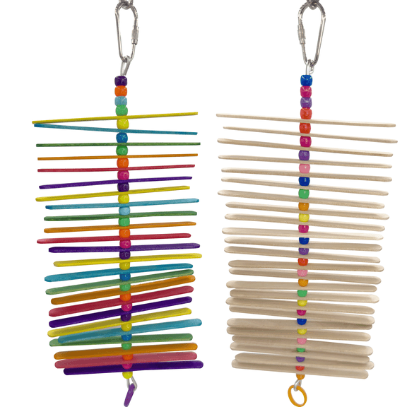 860 Pk2 Mini Long Stick Bird Toy Set with Natural and Rainbow Wood Sticks Beads Rubber Rings – Handcrafted by Impeckable Bird Toys – Great for Small Size Birds
